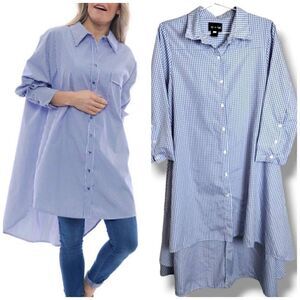 Step In Style Womens Oversized‎ Blouse Size Medium Blue Button Front Short Long